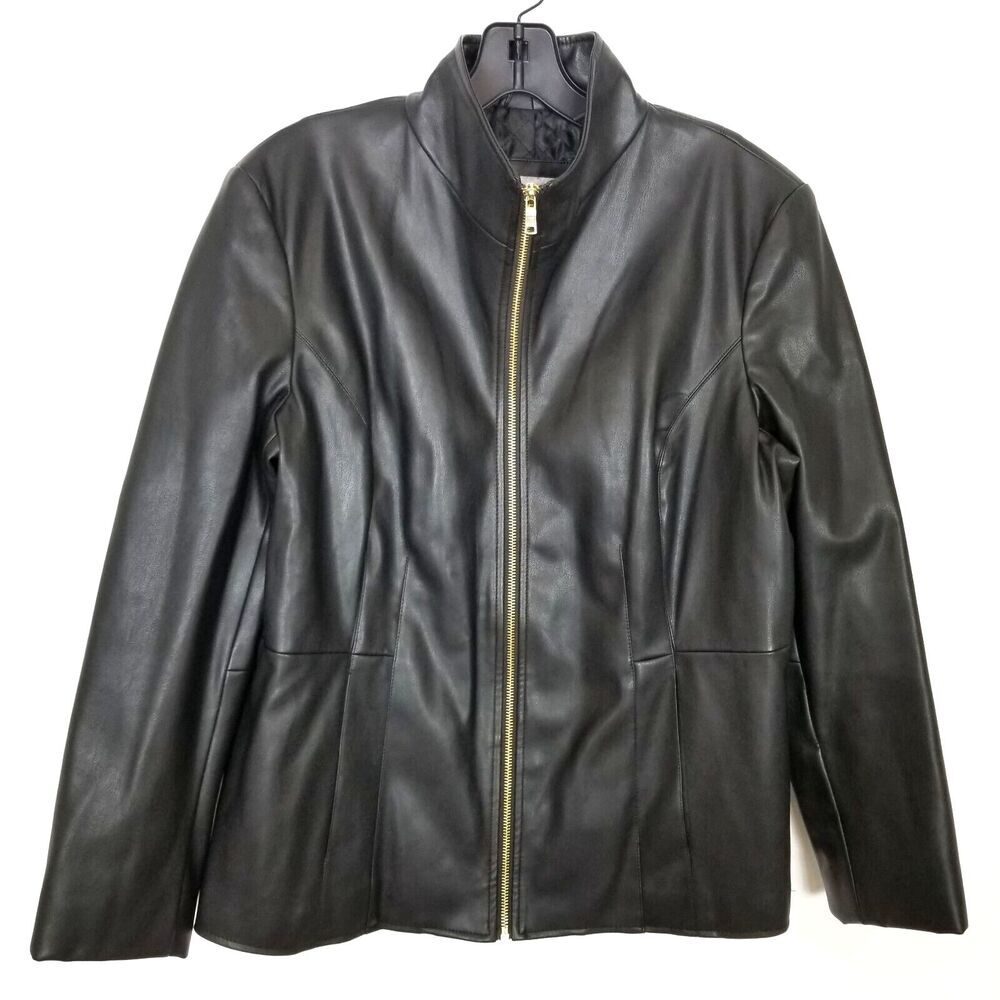 Cole Haan Women Faux Leather Padded Zip Up Jacket Sz L Black Casual City‎